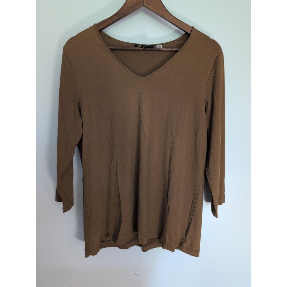 Bob Mackie Wearable Art Womens M Brown V Neck 3/4 Sleeve Stretch Top